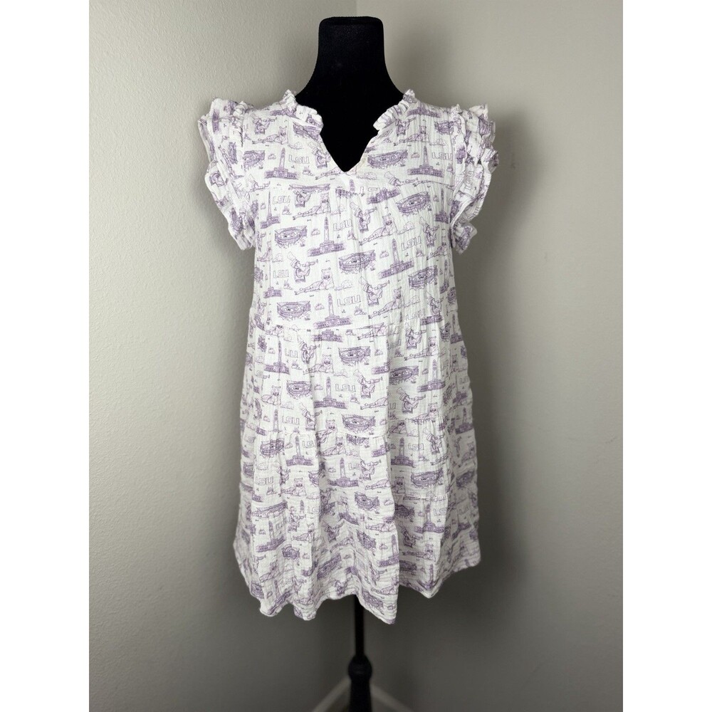 Stewart Simmons LSU Tigers Cotton Gauze Dress Small Purple White Tiered Sleeve